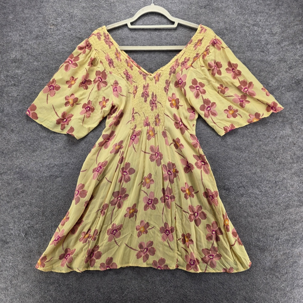 Angie Dress Womens S Yellow Floral Sundress Fit & Flare Smocked Boho V-Neck